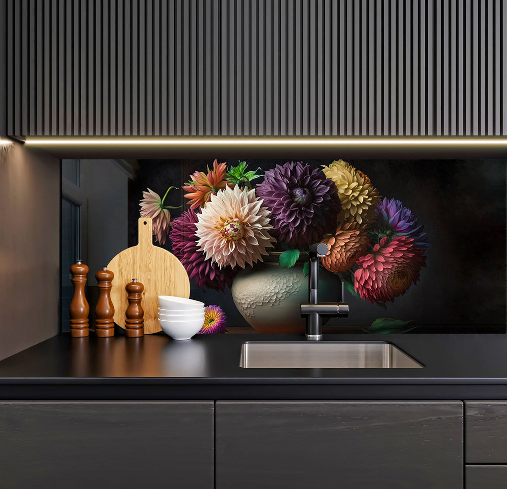 a kitchen counter with a sink and a vase of flowers
