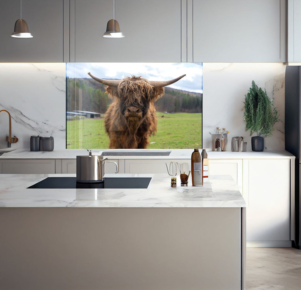 a cow is on the television screen in the kitchen
