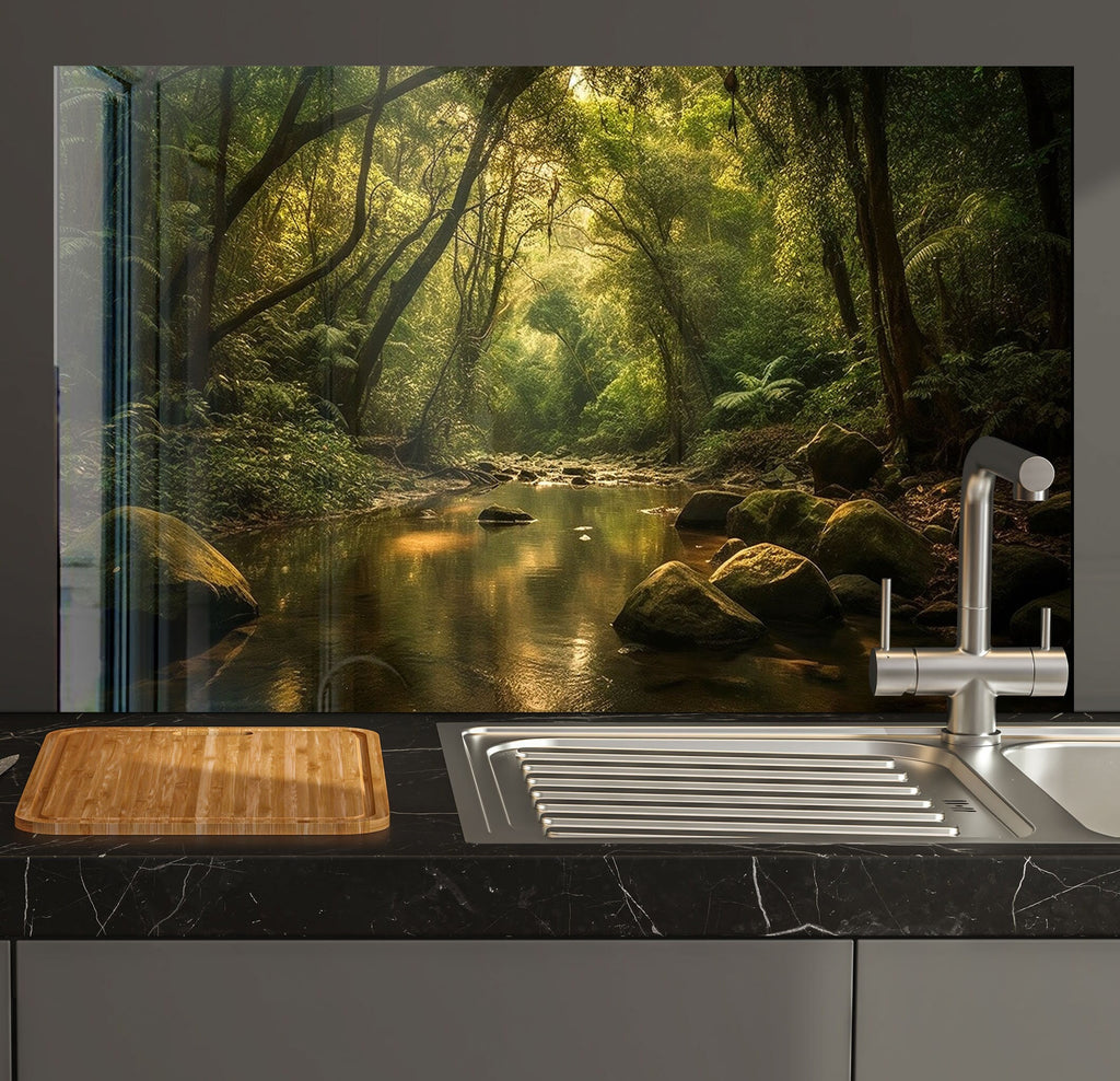 Enchanted Forest Stream – Glass Kitchen Backsplash-BacksplashArtworks