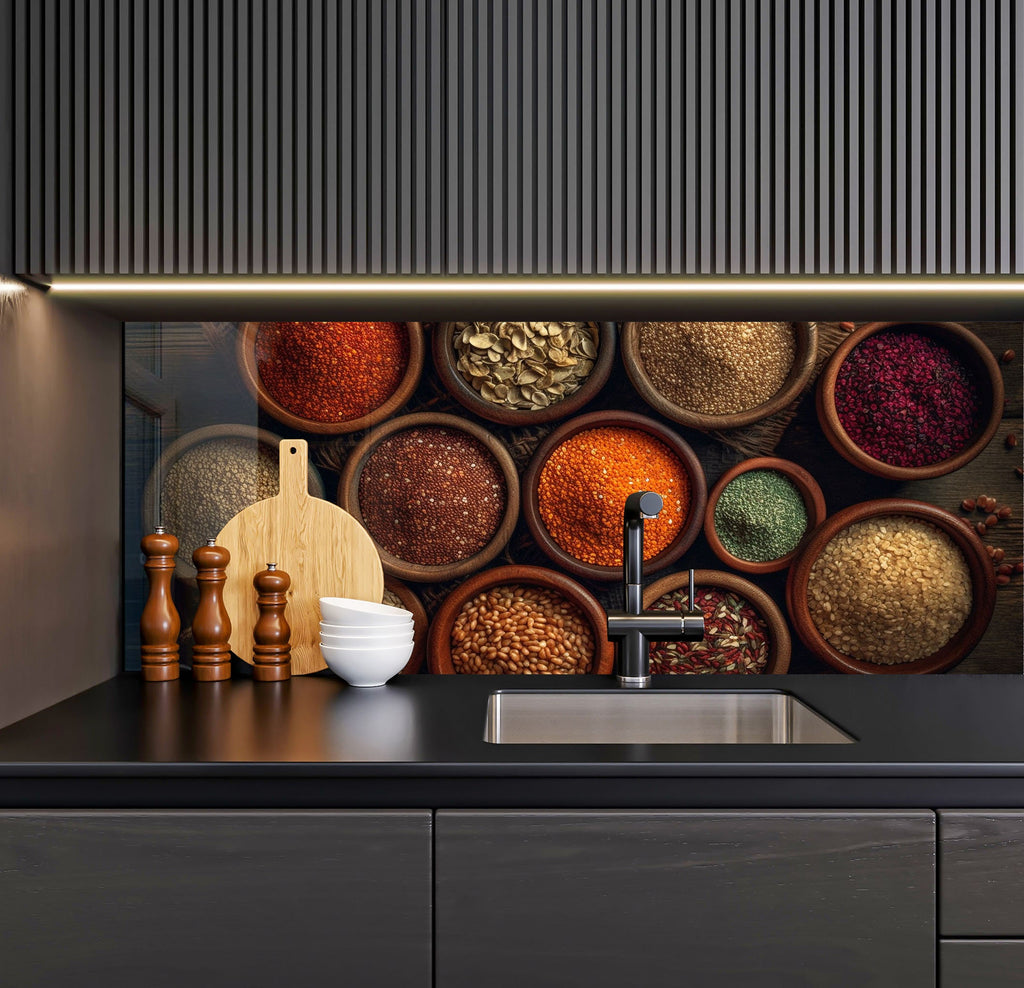 a kitchen with a sink and a wall of spices