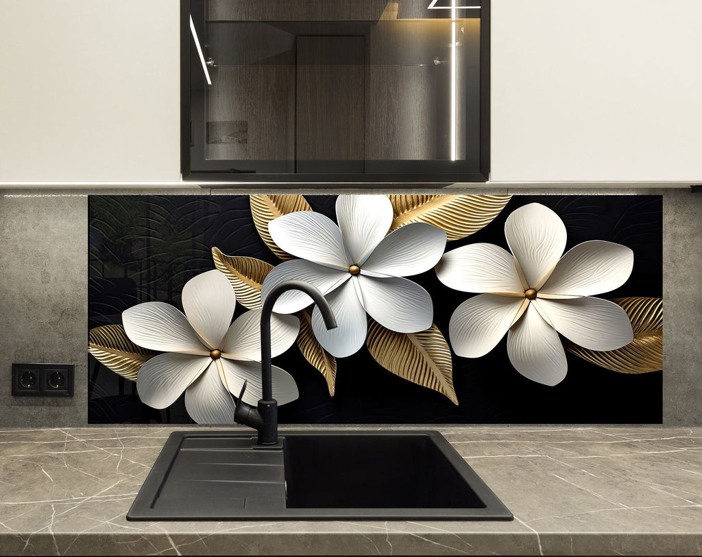 Golden Petal Elegance - Glass Kitchen Backsplash-BacksplashArtworks