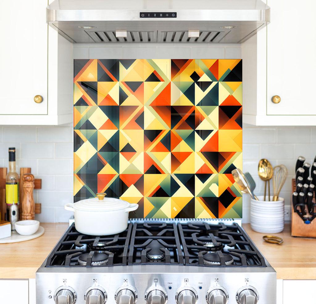 a stove top oven sitting under a painting on a wall