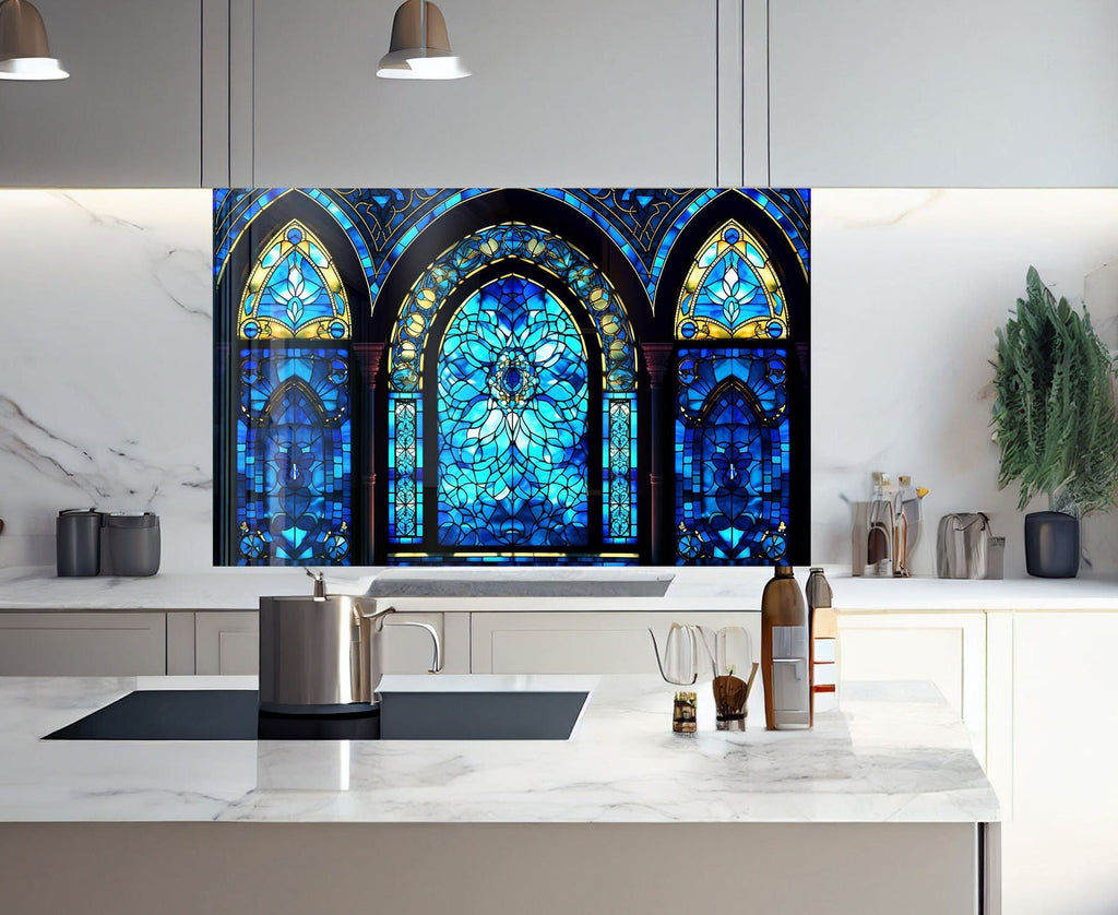 Blue Cathedral Elegance - Glass Kitchen Backsplash-BacksplashArtworks