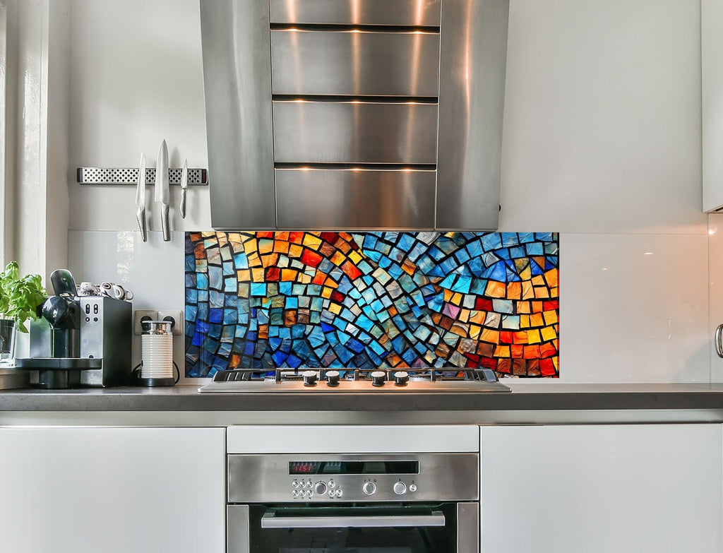 Blue Vibrant Mosaic Stained - Glass Kitchen Backsplash-BacksplashArtworks