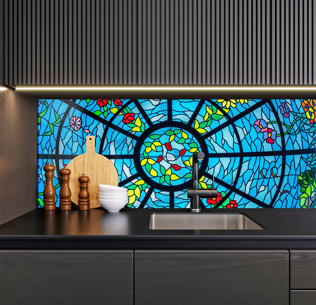 a kitchen sink under a stained glass window