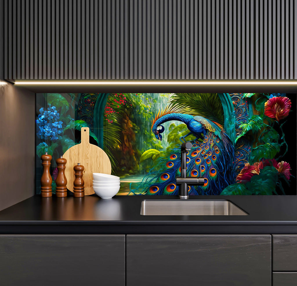 a painting of a peacock in a tropical setting