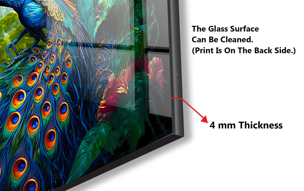 a painting of a peacock is shown with the words, the glass surface can be